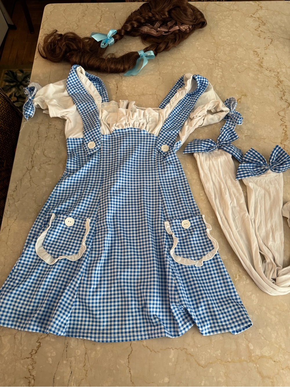 Wizard of Oz Dorothy Costume Set Adult Dress + Wig + Hair Bows Halloween Cosplay